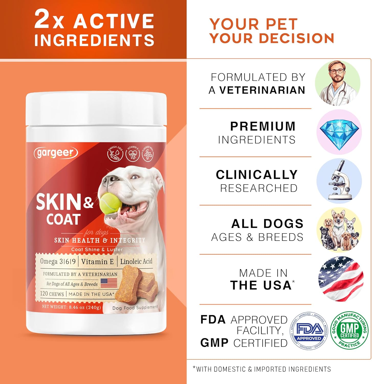 Gargeer Shiny Coat Omega 3-6-9 Supplement. Itchy Skin Relief & Seasonal Allergies Support. Packed with Fatty Acids for Skin & Coat Defense. USA Vet Created - Vegetable Flavor – 120 Soft Chews. Enjoy!