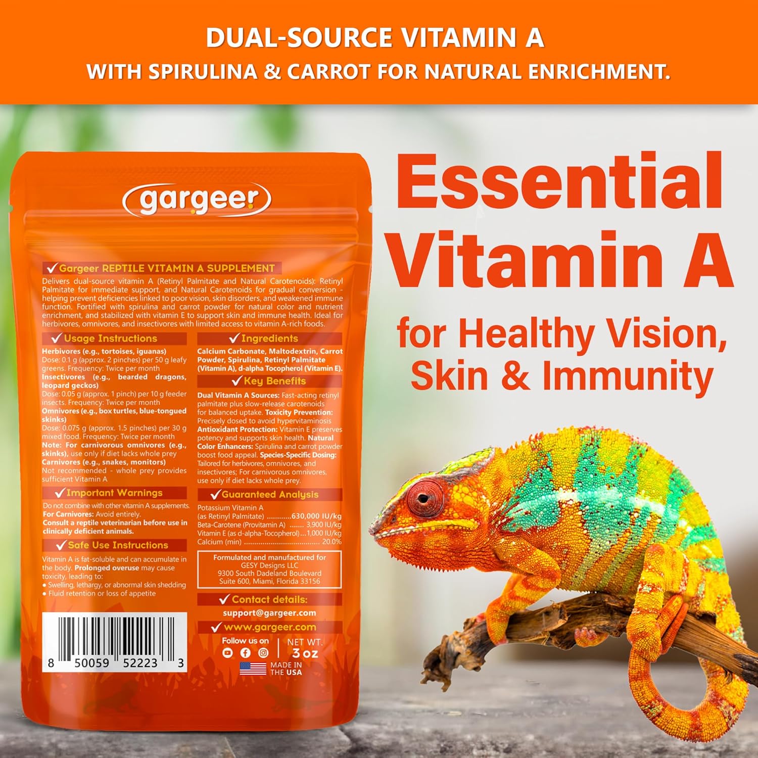 'Vitamin A Plus' Supplement for Reptiles | Retinyl Palmitate + Beta-Carotene | Supports Vision, Skin, Immune & Vitality | Geckos, Dragons, Tortoises, Turtles, Snakes | 3oz | Made in USA. Enjoy!