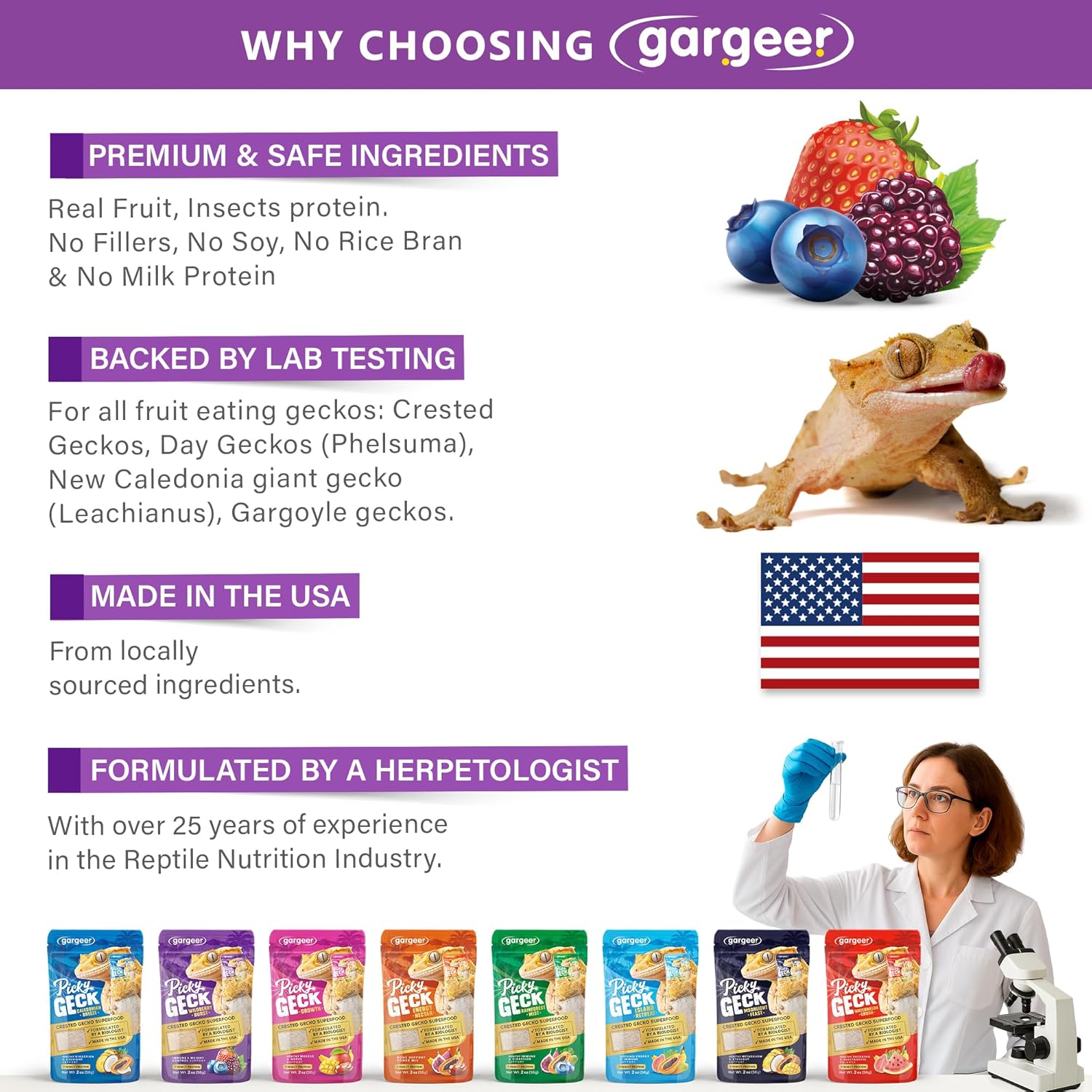 Gargeer 'Picky Geck' Wildberry Burst - Premium Crested Gecko Food | Antioxidant & Immune Support Formula | Real Fruit & Insect Protein | No Fillers - Only Premium Ingredients | 2oz | Made in USA. Enjoy !