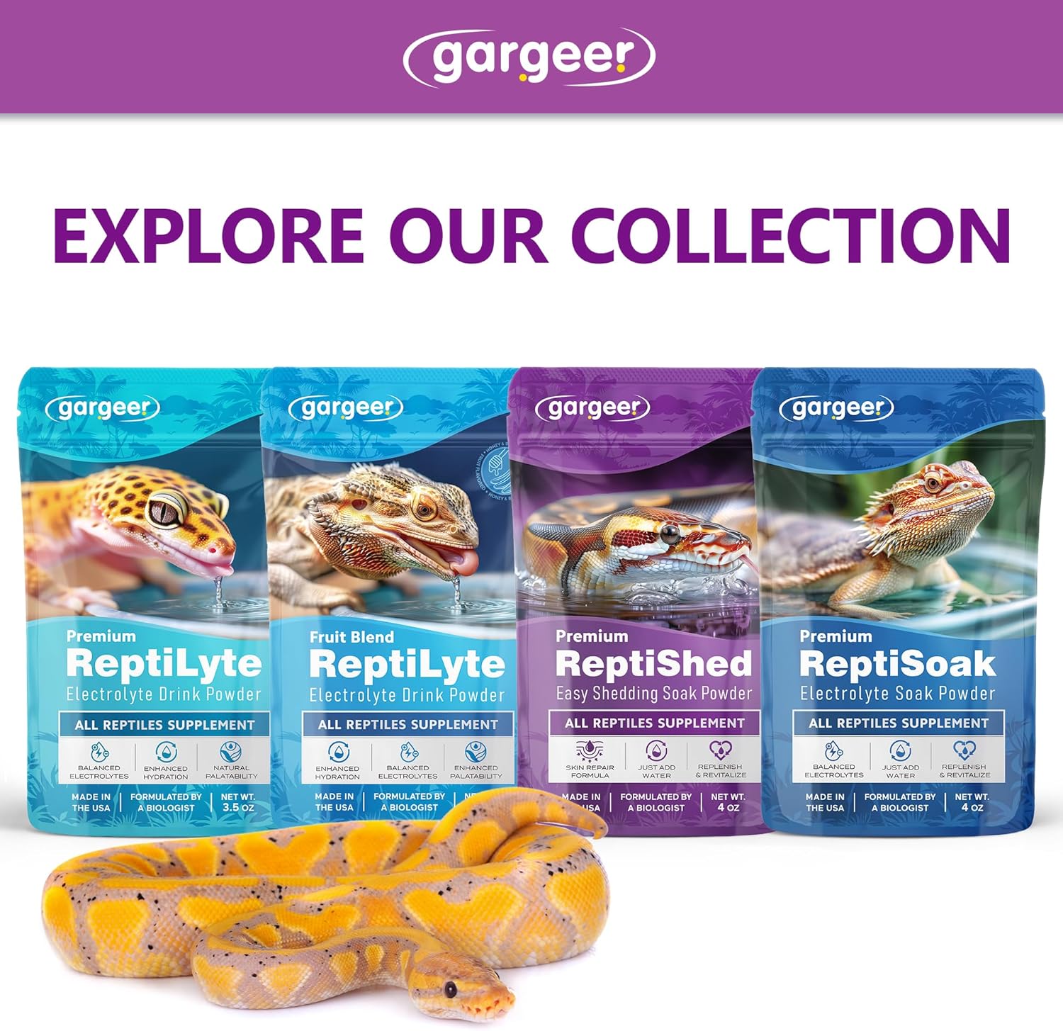 Gargeer 'ReptiShed' Shedding Aid Soak Powder for Reptiles | Stuck Shed Remover for Dragons, Geckos, Lizards, Snakes | Aloe, Chamomile, Hyaluronic Acid | Bath Supplement | Made in The USA. Enjoy!