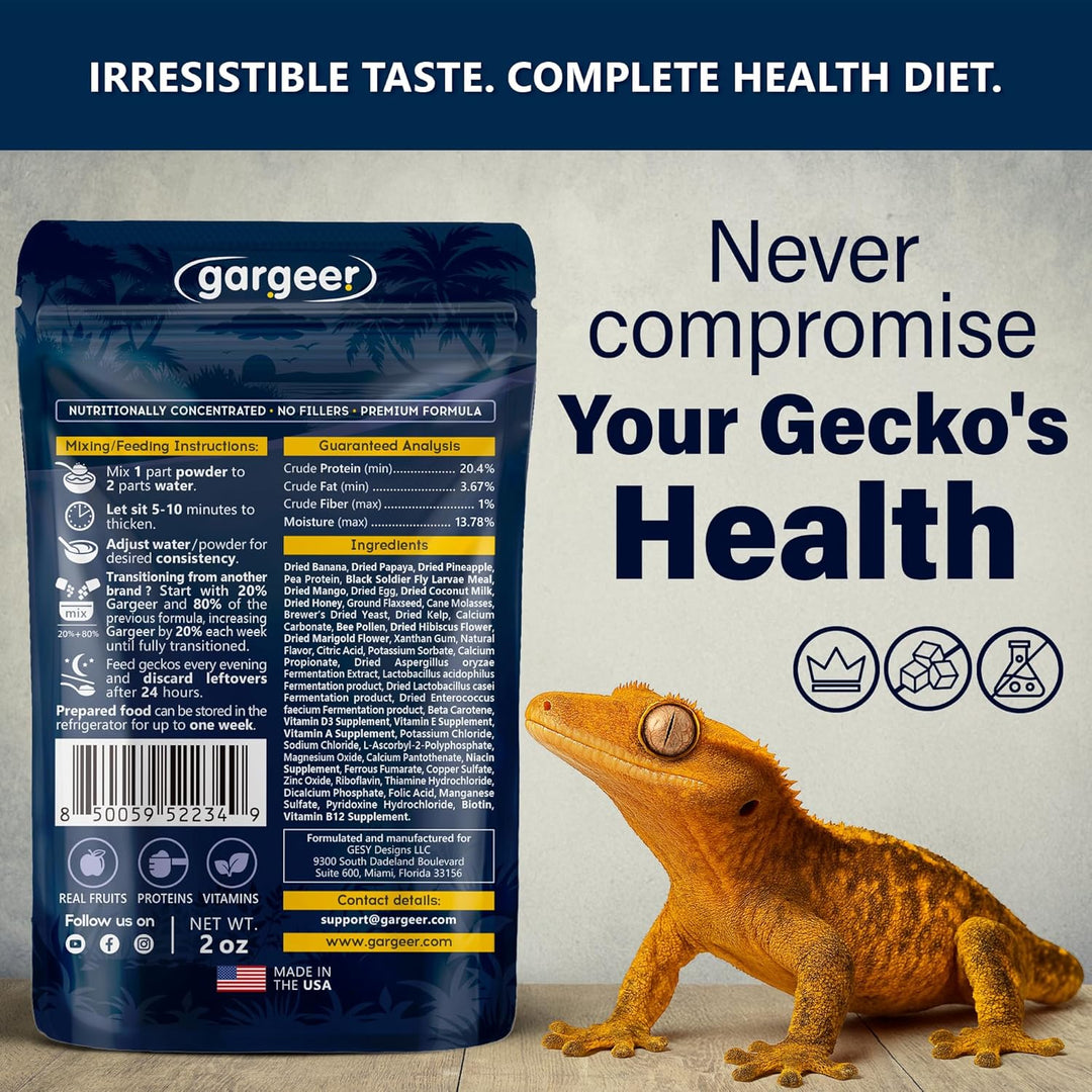 Back of the pouch: full nutrition and ingredient panel for the Moonlight Feast crested gecko food