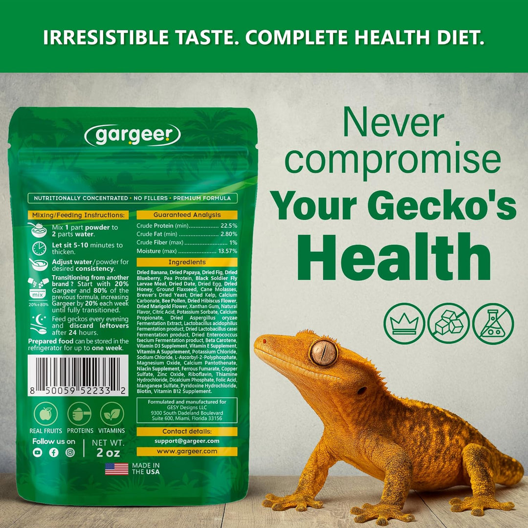 Back of the pouch: full nutrition and ingredient panel for the Rainforest Mist crested gecko food