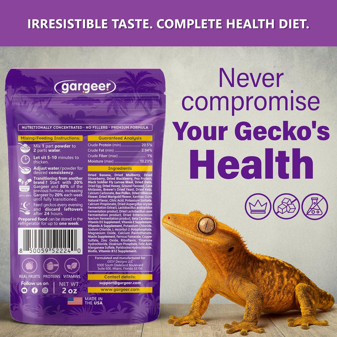 Back of the pouch: full nutrition and ingredient panel for the Wildberry Burst antioxidant crested gecko food