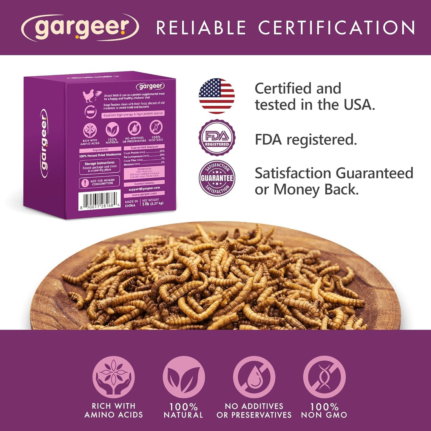 Gargeer Dried Mealworms, 5LB of High Appealing Protein Content, Low Waste, Year-Round Nutrient-Dense Food Source. No Artificial Additives or Processing, No Sugar, with Lower Risk of Choking. Enjoy!
