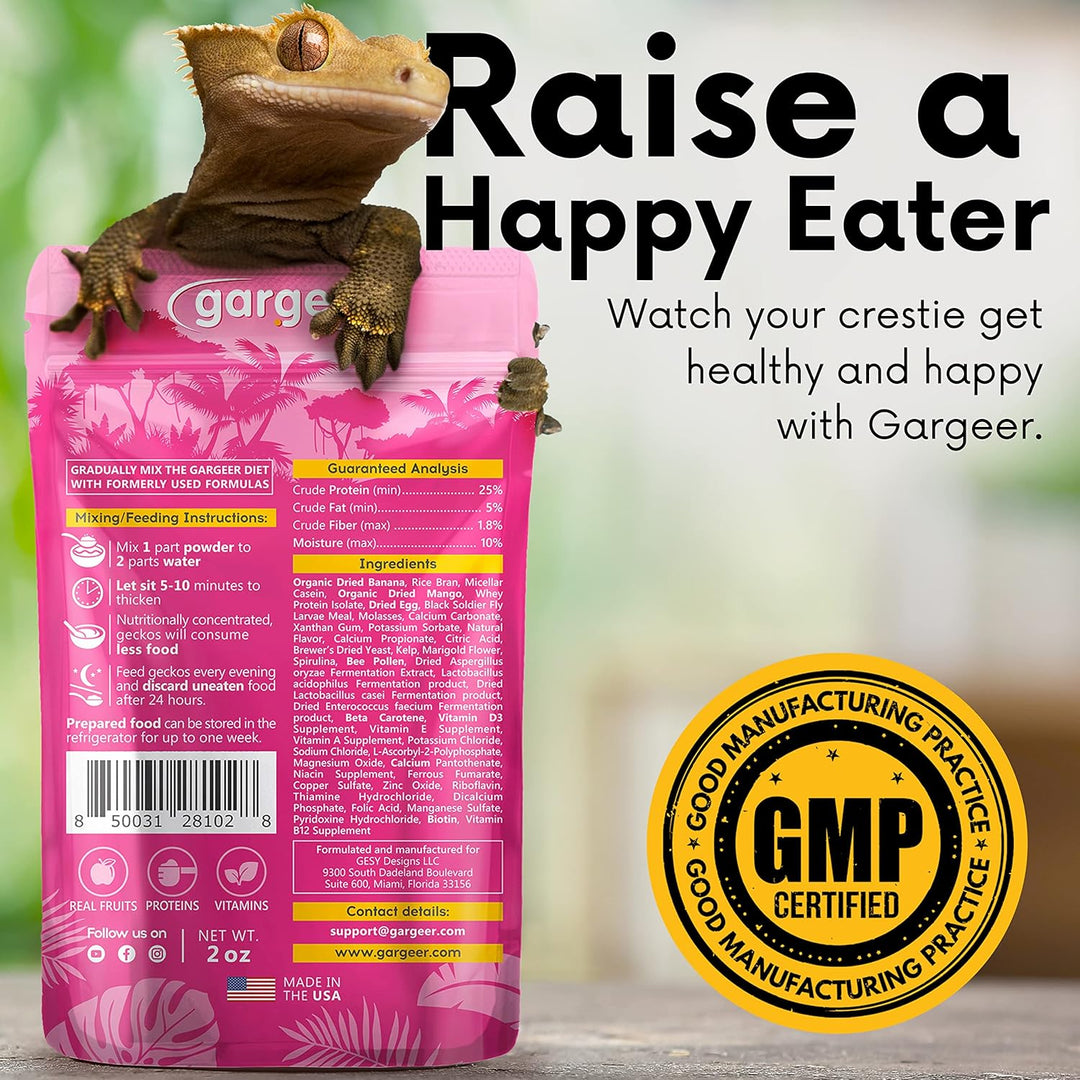 Back of the pouch for the breeder formula crested gecko food, with the GMP-certified seal