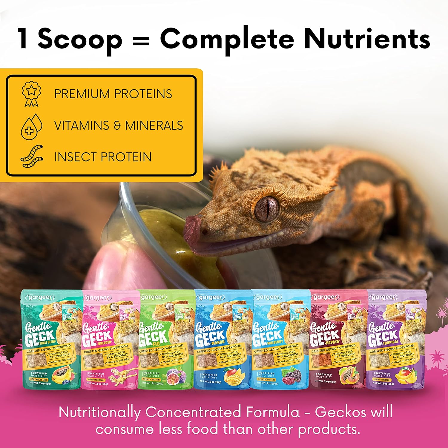 Complete Crested Gecko Food Diet. Premium Mix, Ready to Use Freshly Made Powder. Unique Formula, Developed & Made in The USA. Enjoy! (Breeder + Insects Protein)