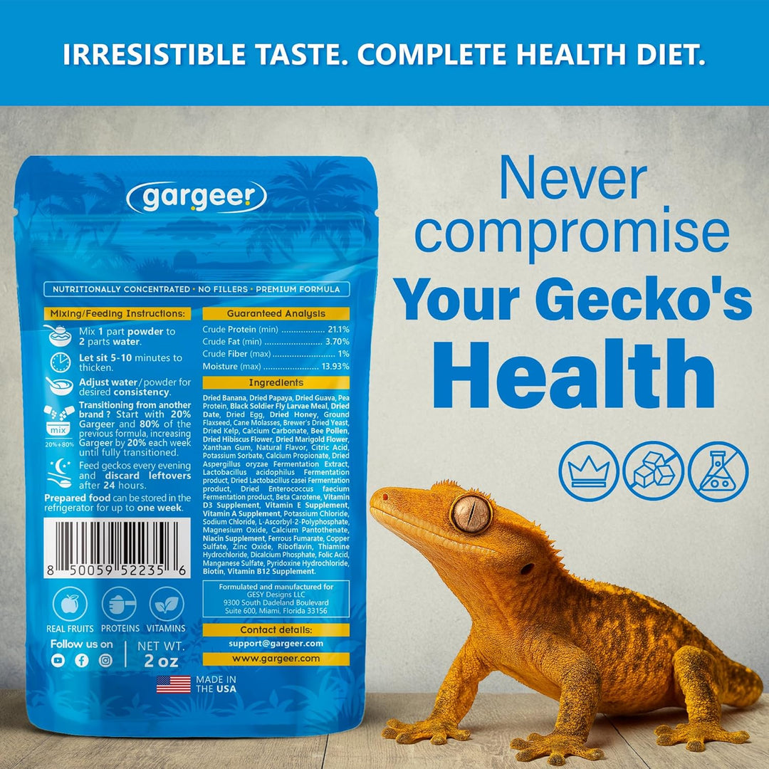 Back of the pouch: full nutrition and ingredient panel for the Island Retreat crested gecko food