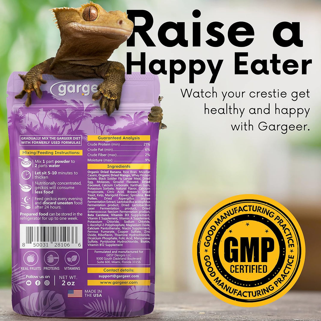 Back of the pouch for the tropical fruit and insect crested gecko food, with the GMP-certified seal