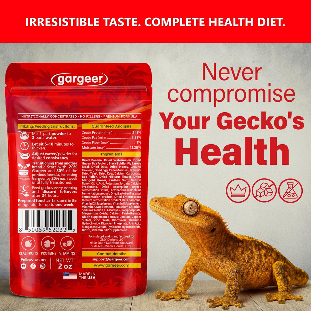 Back of the pouch: full nutrition and ingredient panel for the Watermelon Crush hydrating crested gecko food