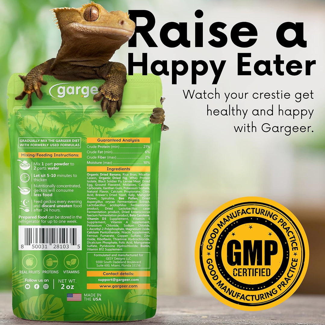 Back of the pouch for the fig and insect crested gecko food, with the GMP-certified seal