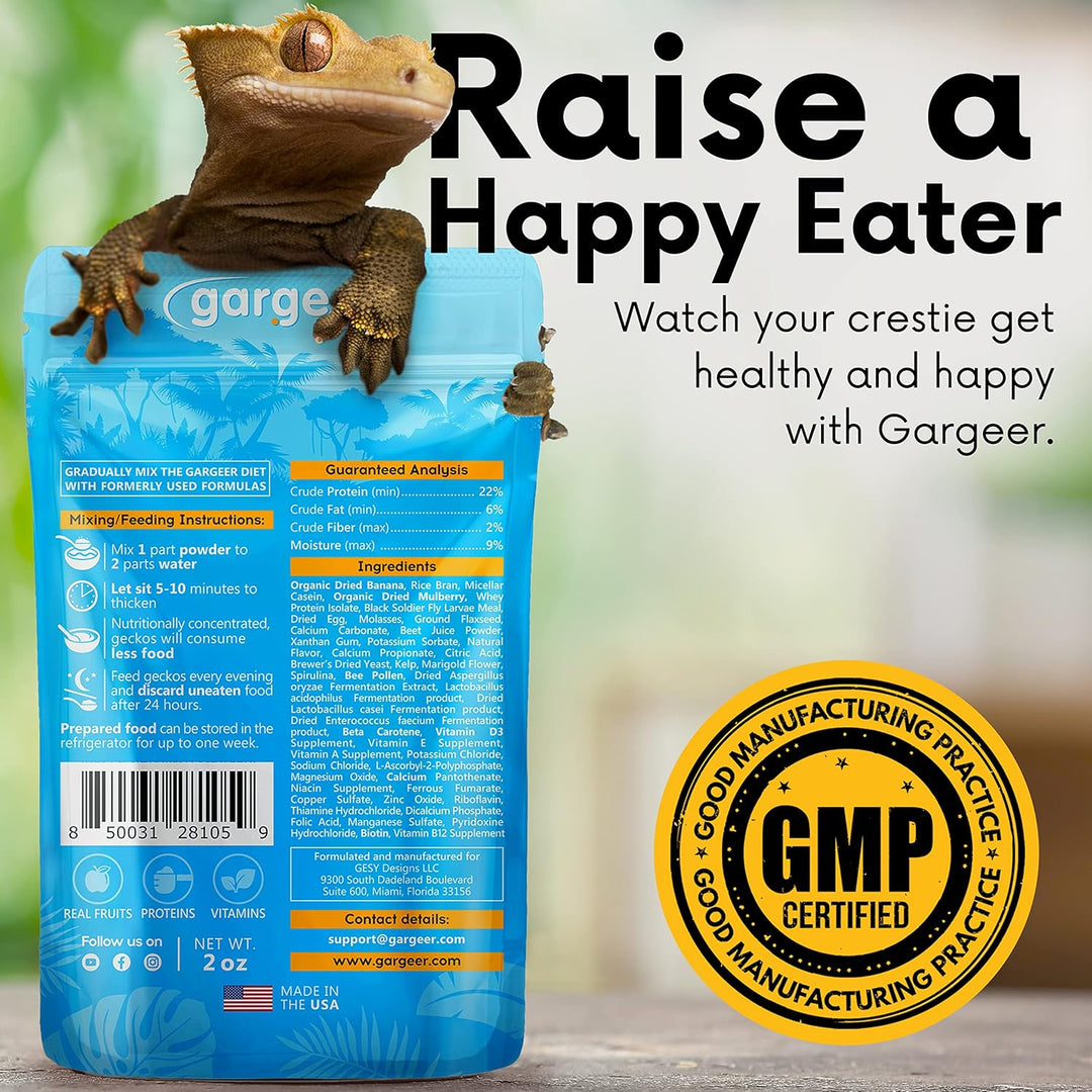 Back of the pouch for the mulberry and insect crested gecko food, with the GMP-certified seal