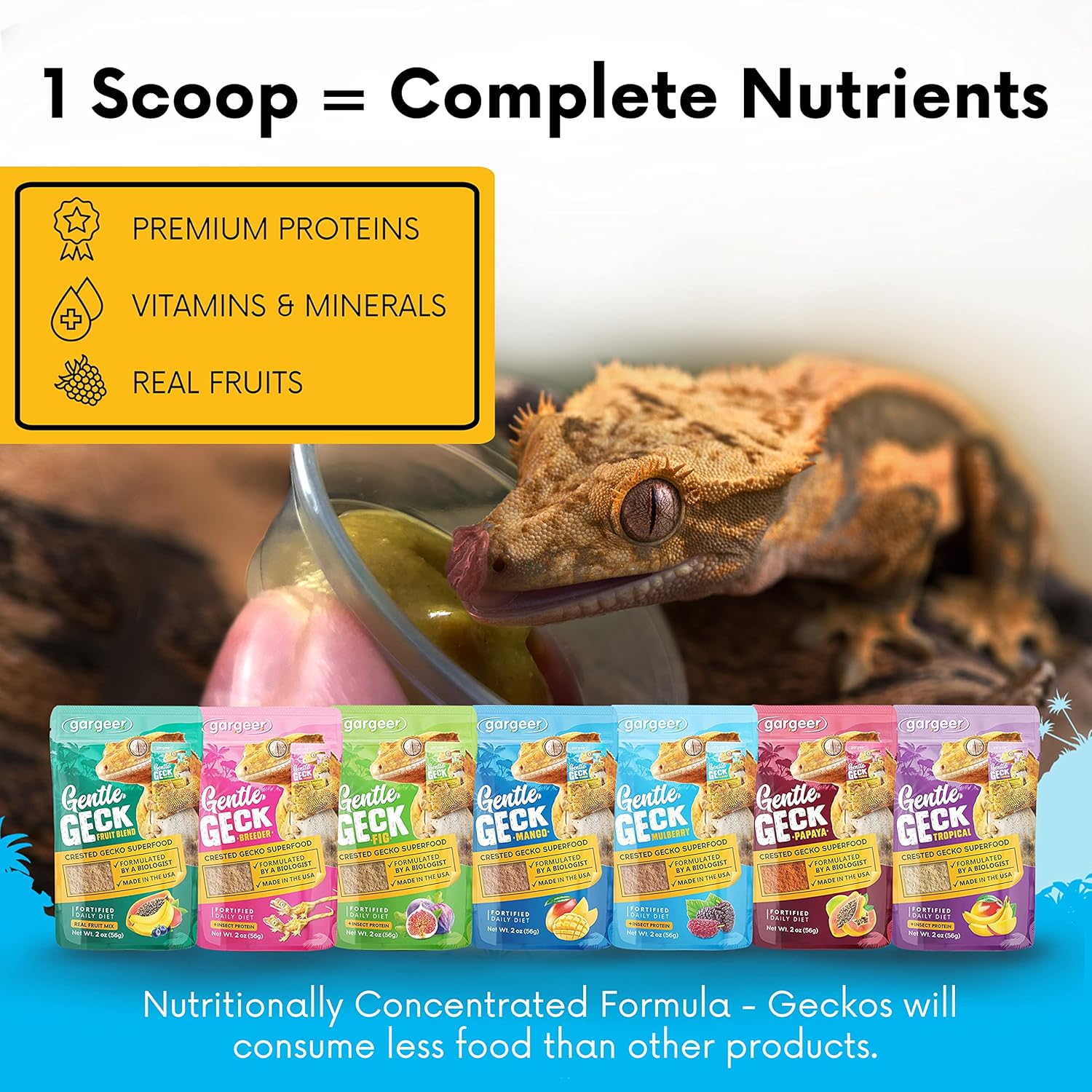 Complete Crested Gecko Food Diet. Premium Mix, Ready to Use Freshly Made Powder. Unique Formula, Developed & Made in The USA. Enjoy! (Mulberry + Insects Protein)