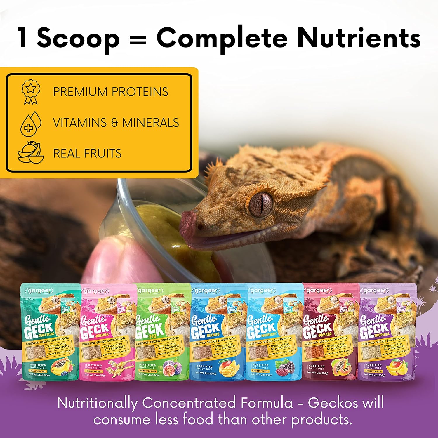 Complete Crested Gecko Food Diet. Premium Mix, Ready to Use Freshly Made Powder. Unique Formula, Developed & Made in The USA. Enjoy! (Tropical + Insects Protein)