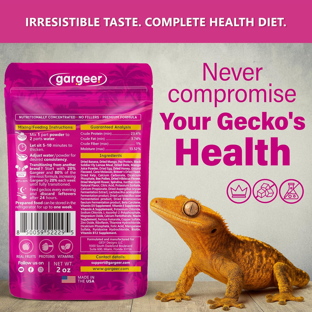 Back of the pouch: full nutrition and ingredient panel for the Growth high-protein crested gecko food