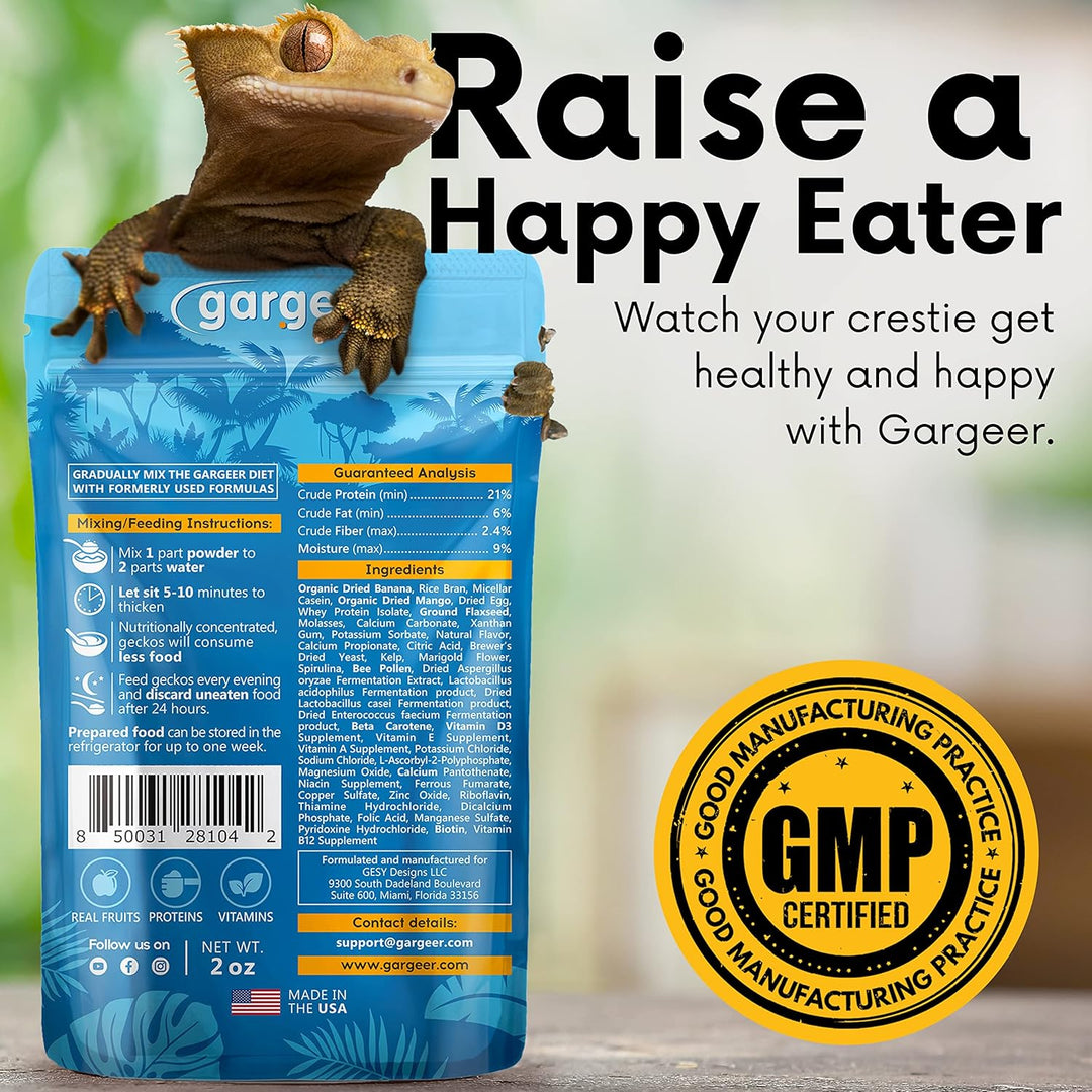 Back of the pouch for the mango crested gecko food, with the GMP-certified seal