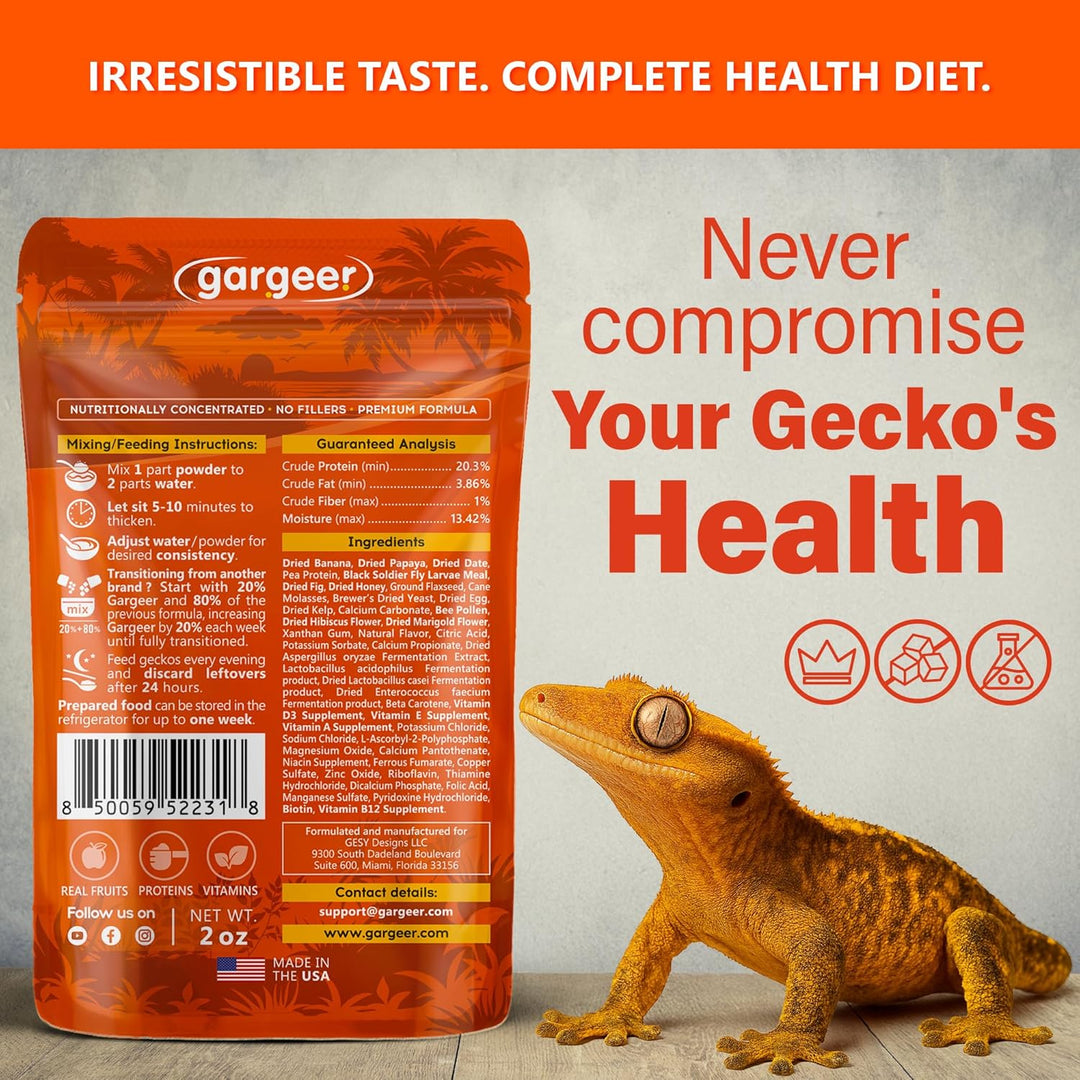 Back of the pouch: full nutrition and ingredient panel for the Energy Nectar calcium-rich crested gecko food