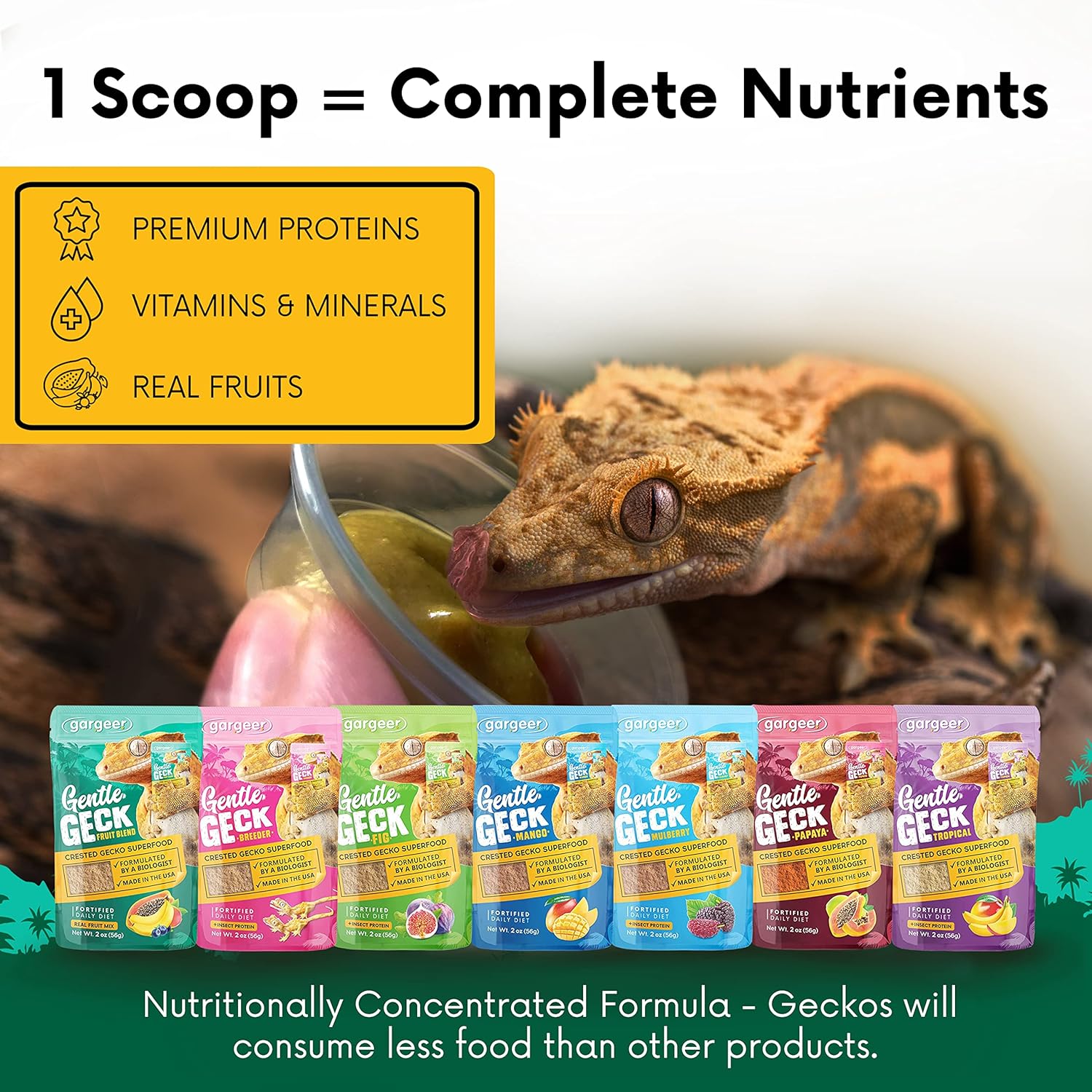 Complete Crested Gecko Food Diet. Premium Mix, Ready to Use Freshly Made Powder. Unique Formula, Developed & Made in The USA. Enjoy! (Fruit Blend)