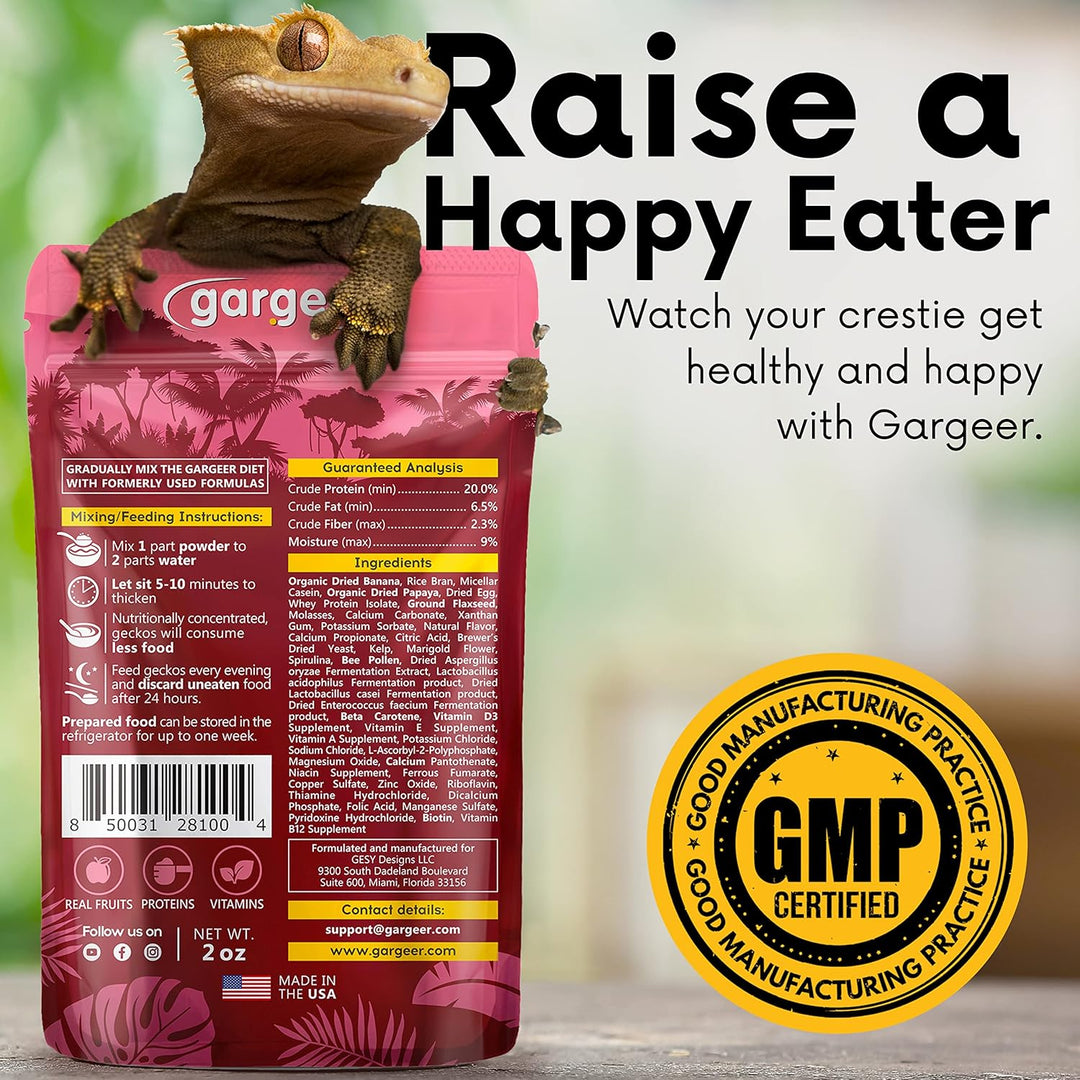 Back of the pouch for the papaya crested gecko food, with the GMP-certified seal