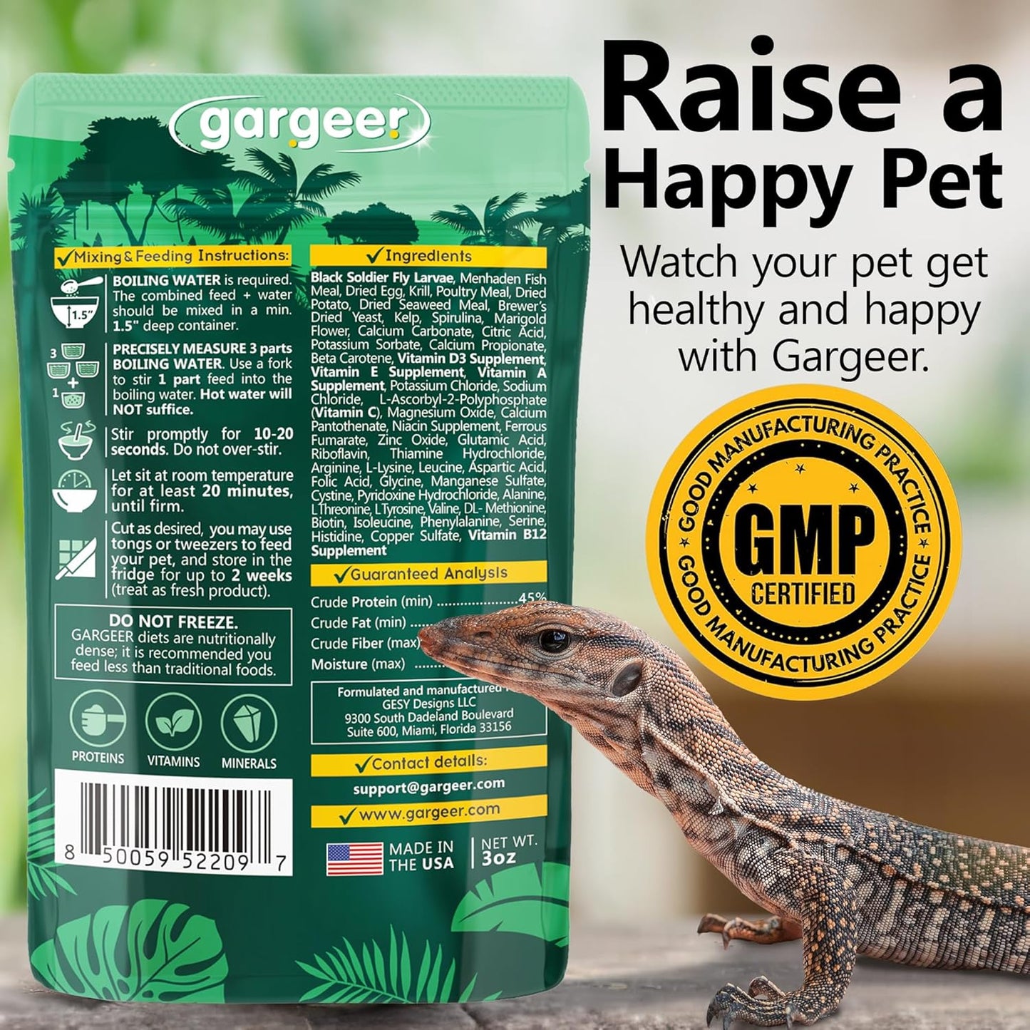 3oz Monitor Lizard Food. Complete Gel Diet for Both Juveniles and Adults. Proudly Made in The USA, Using Premium Ingredients, Fortified Gourmet Formula. Enjoy!