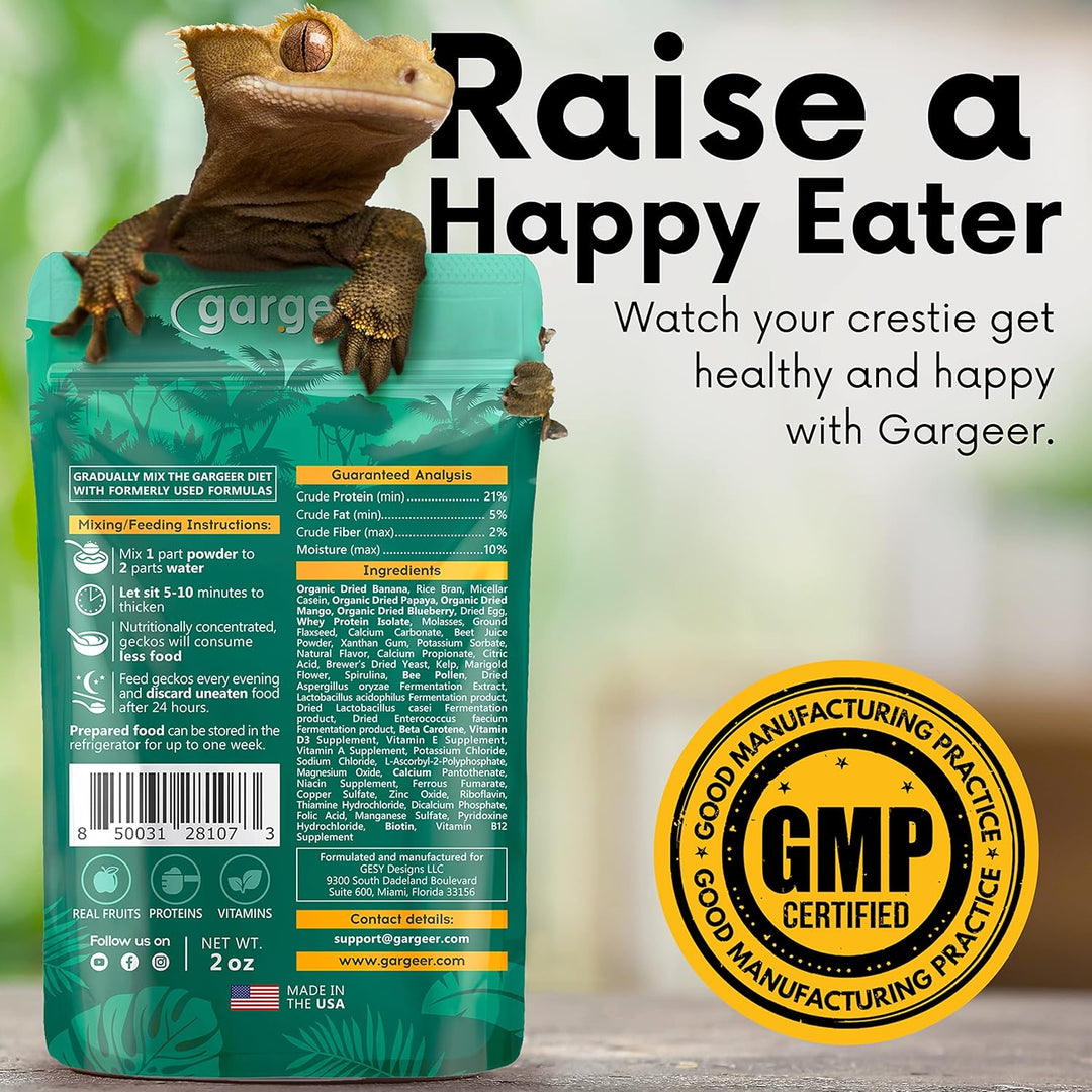 Back of the pouch for the fruit blend crested gecko food, with the GMP-certified seal