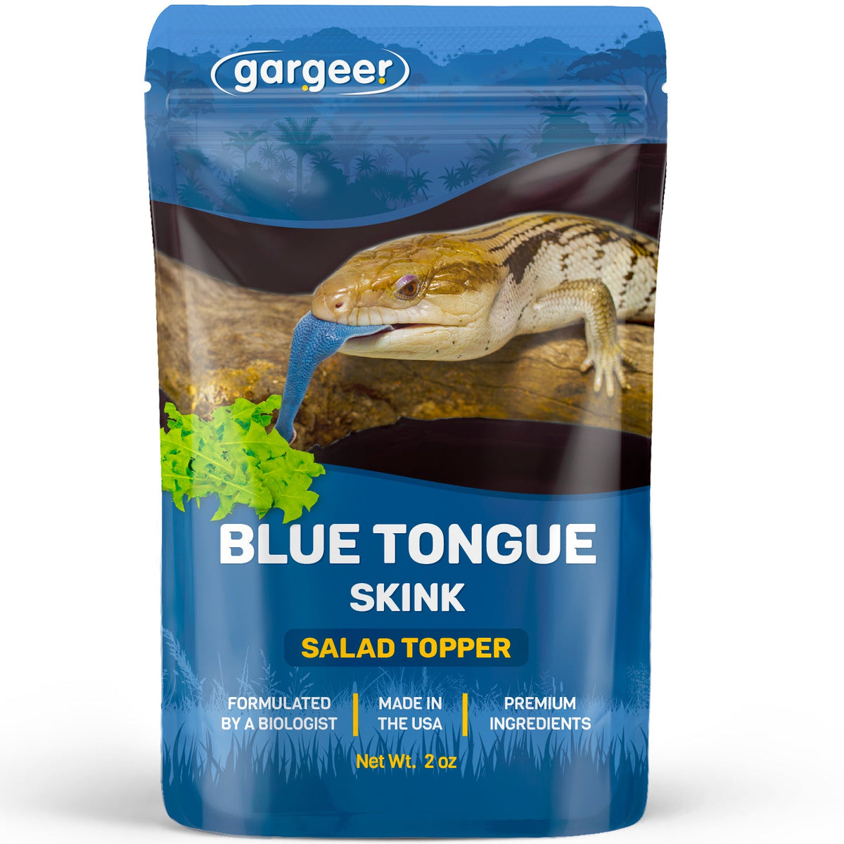 Front of the 2 oz pouch of flower and salad mix topper for blue tongue skinks