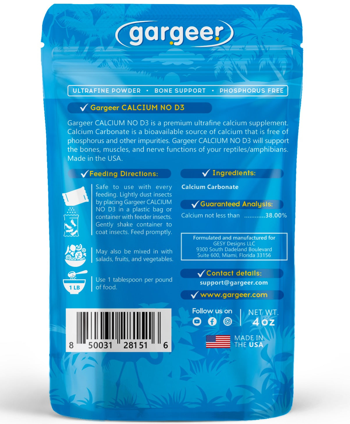 Gargeer 4oz All Reptile Calcium Powder, Phosphorus-Free Ultrafine Powder, Pure Dust With or Without Vitamin D3, Ready to Use for All Reptiles, Lizards & Amphibians Supplement