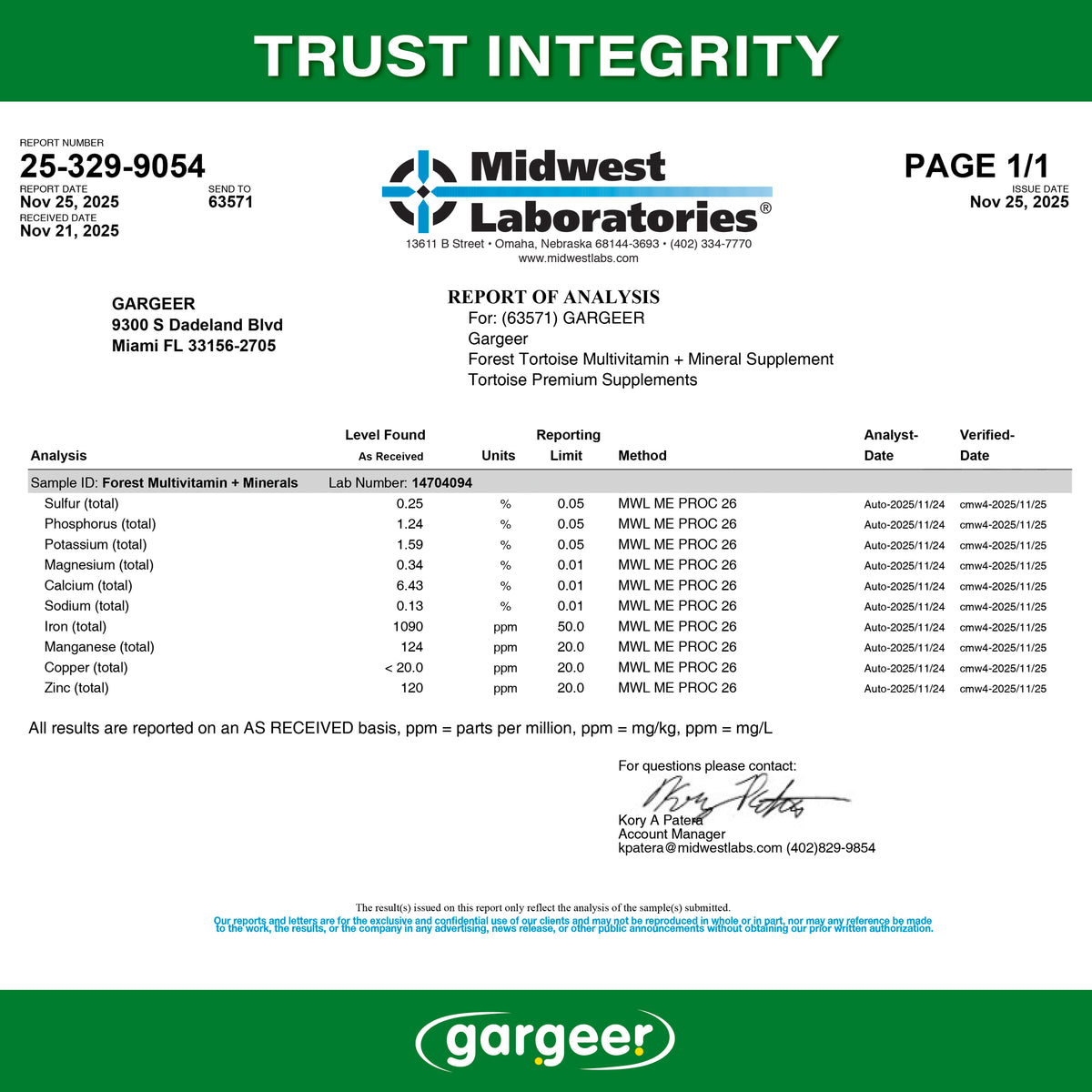 Independent laboratory analysis report for the multivitamin and mineral supplement