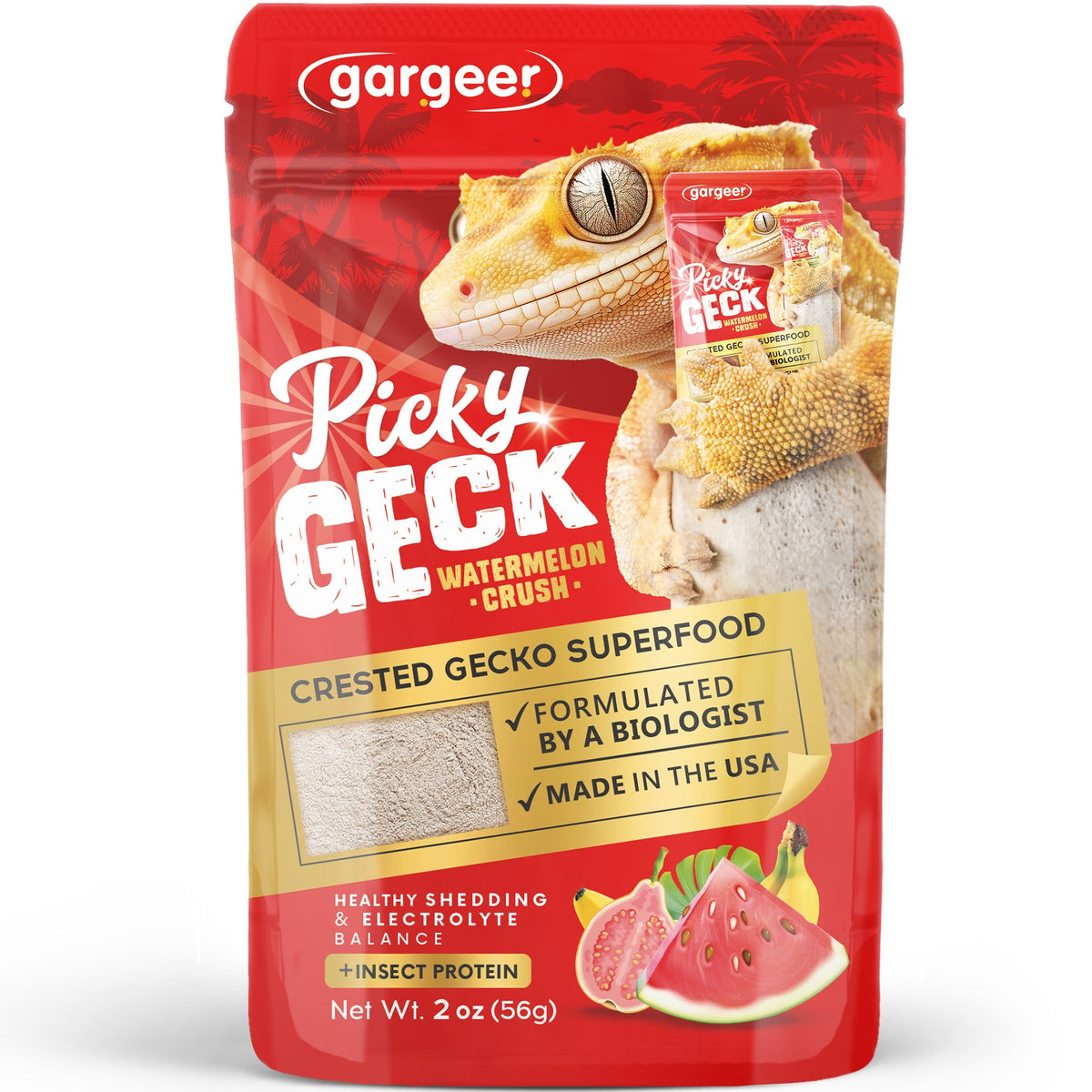 Front of the 2 oz pouch of Watermelon Crush hydrating crested gecko food