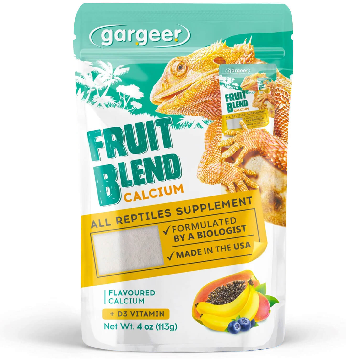 Gargeer 4oz All Reptile Fruit Blend Calcium with Vitamin D3, Phosphorus-Free, Ultrafine Powder