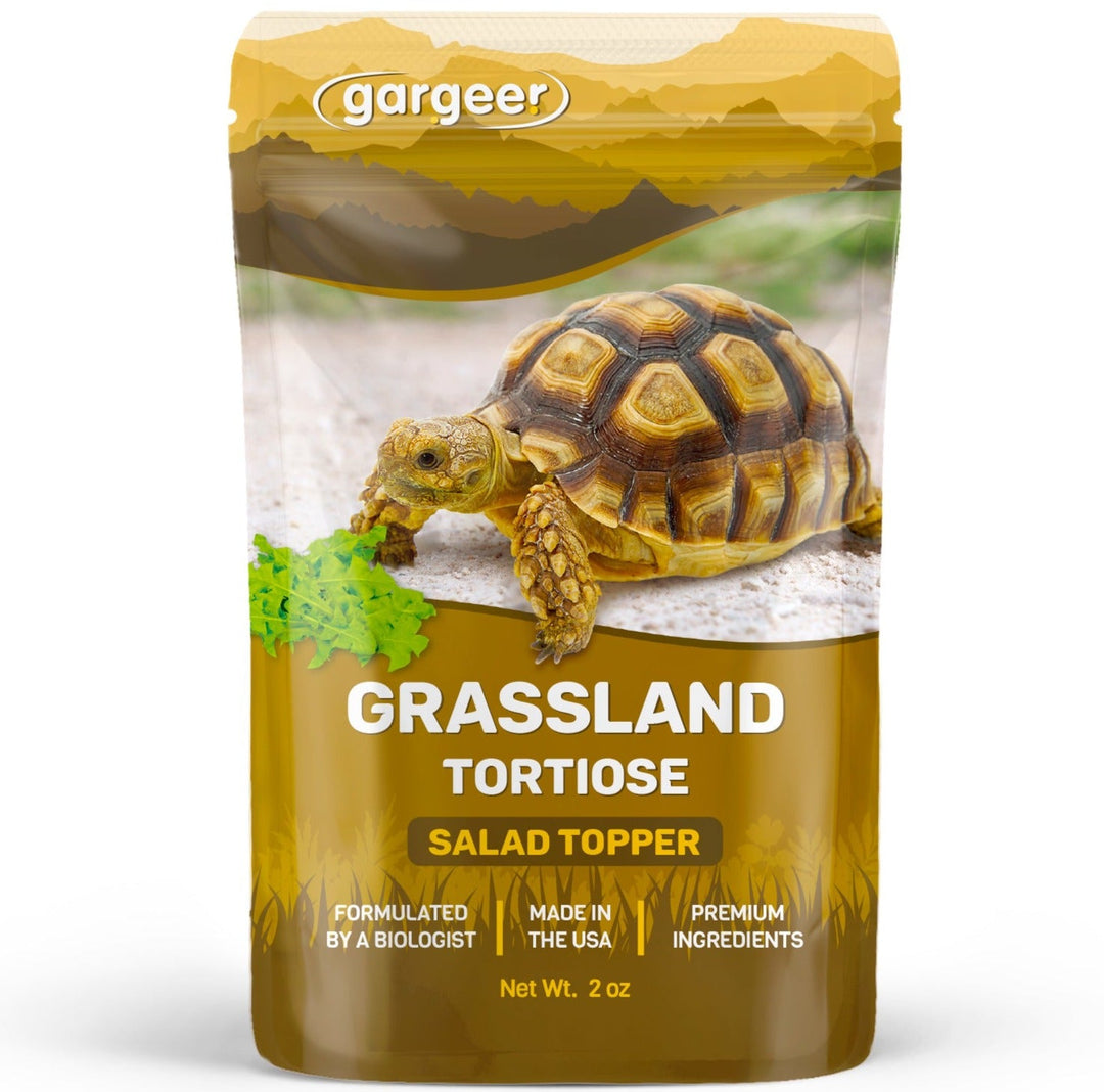 Front of the 2 oz pouch of salad topper supplement for grassland tortoises