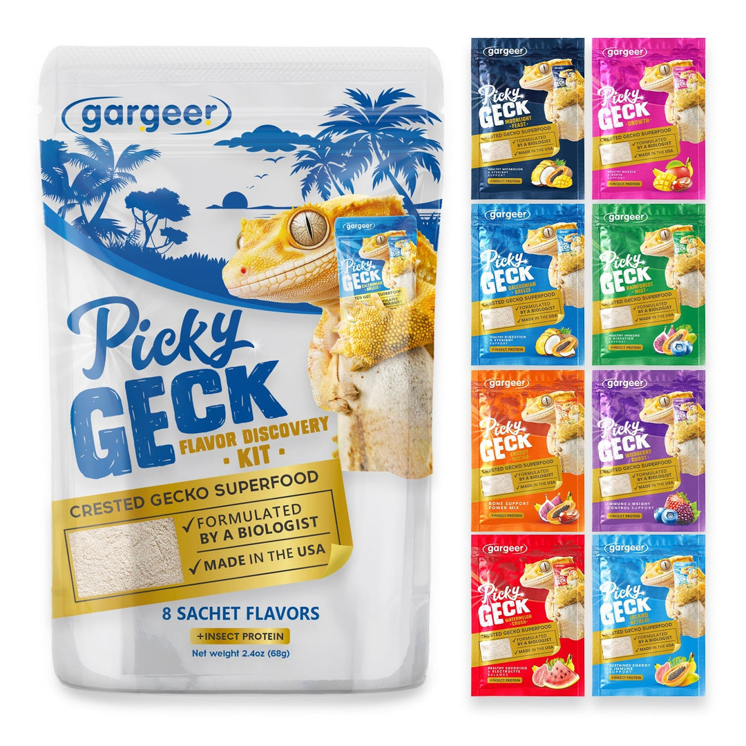 Front of the 2 oz pouch of 8-flavor discovery kit of crested gecko food