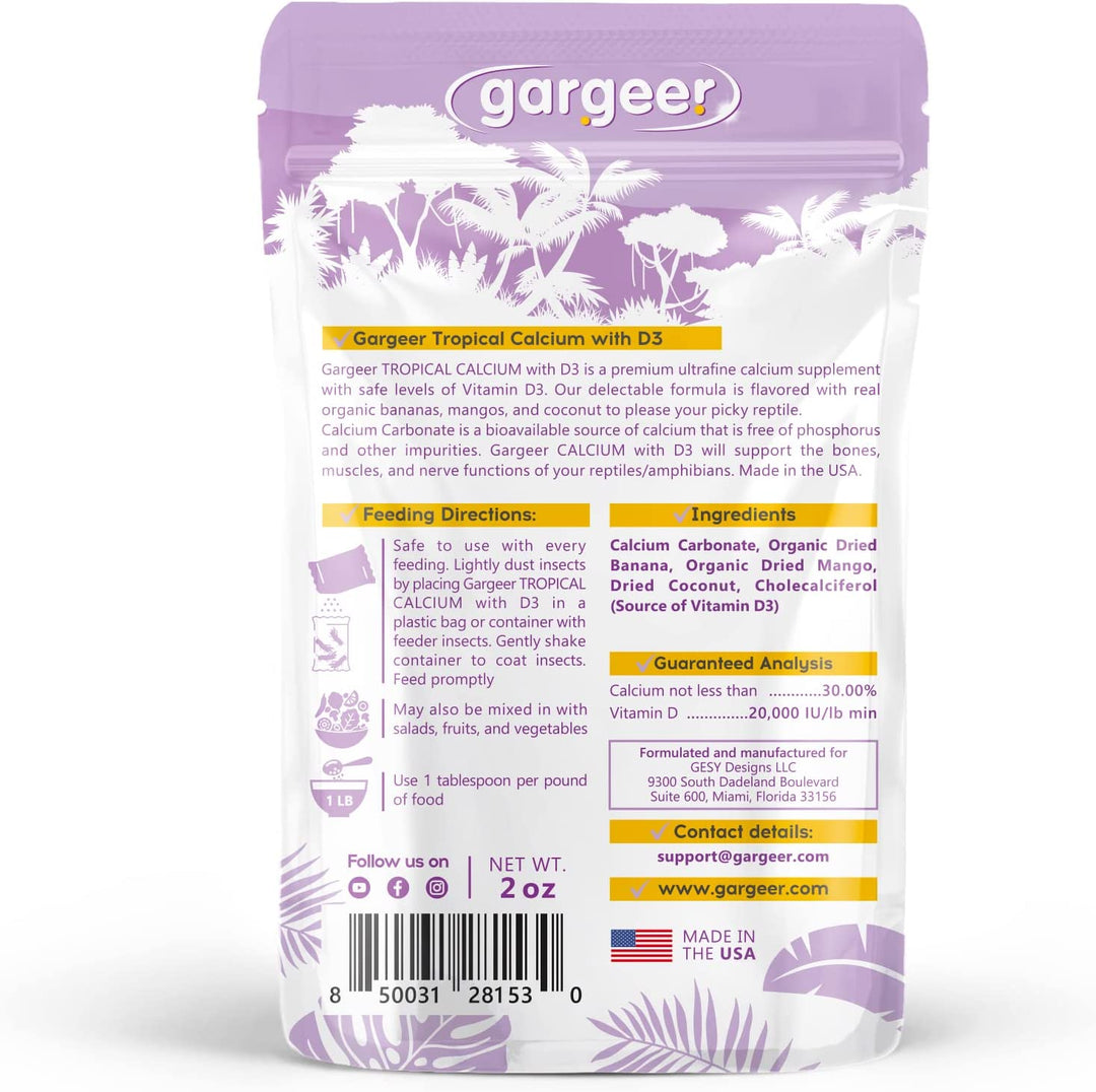 Back of the pouch: ingredients and feeding panel for the tropical-flavored calcium powder with vitamin D3