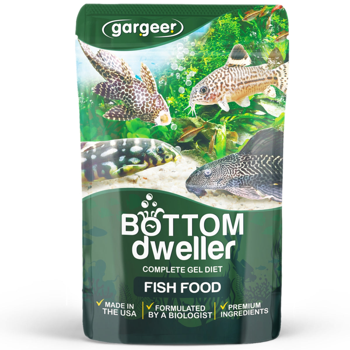 Front of the 3 oz pouch of complete gel fish food