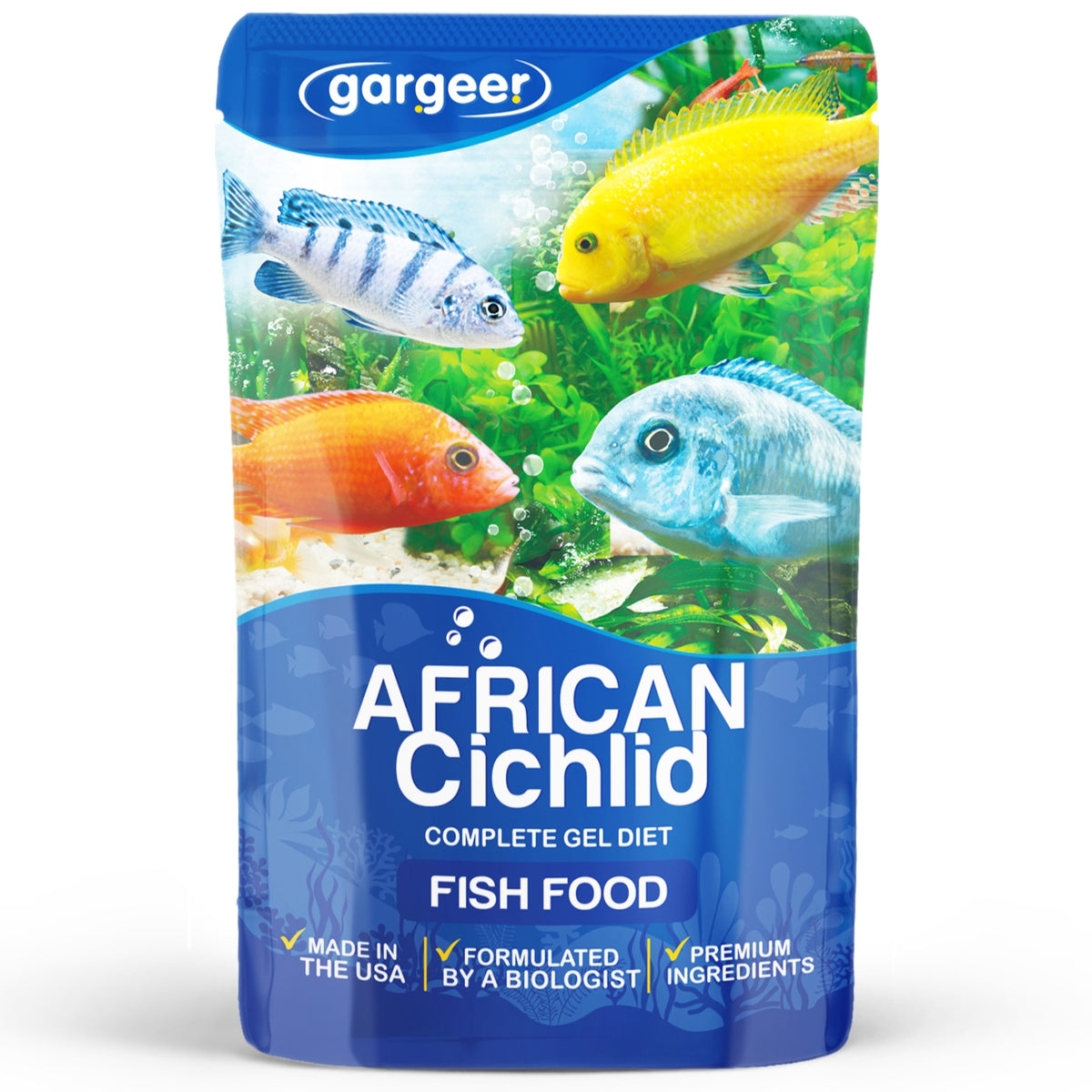 Front of the 3 oz pouch of complete gel fish food for African cichlids